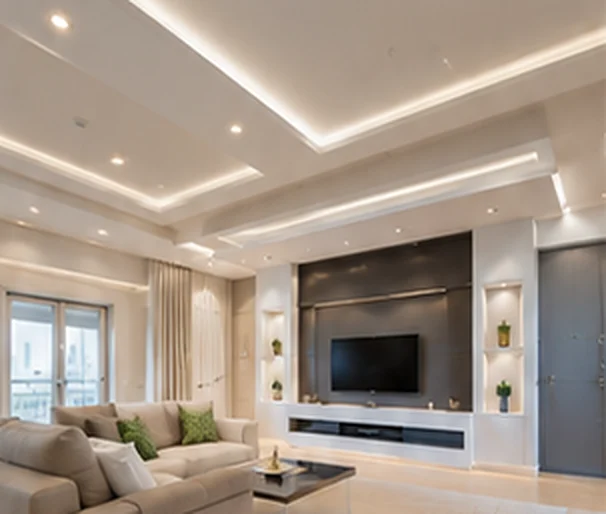 Soggiorno con parete TV e controsoffitto in cartongesso illuminato